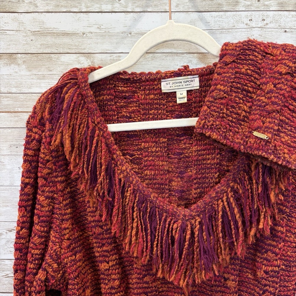 Vtg St. John Sport Womens M Sweater Fringe V Neck Burnt Orange Chunky Knit Wool